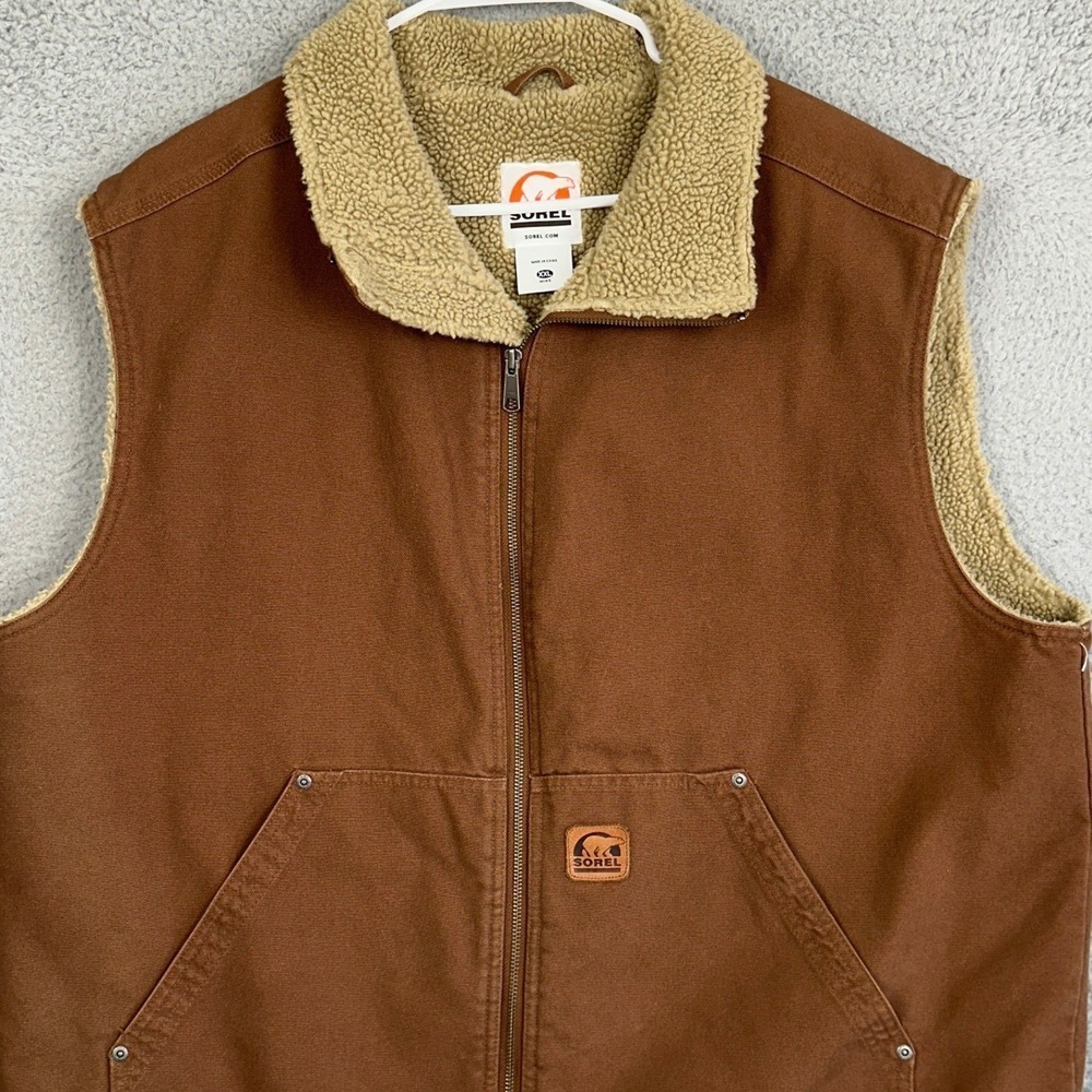 Sorel Sherpa Fleece Lined Vest Mens 2XL Brown Canvas Workwear Utility Full Zip